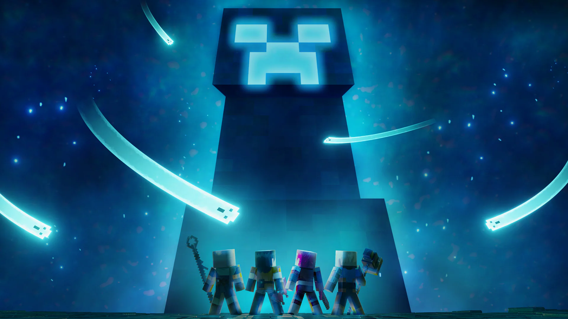 PUFFS SMP heroes facing a glowing creeper